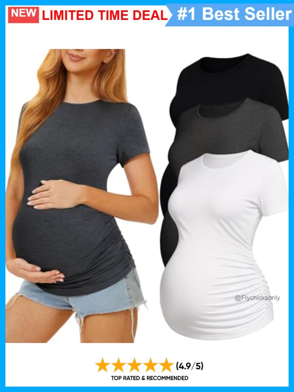 3 Pack Maternity Shirts Crew Neck Short Sleeve Ruched Tops
